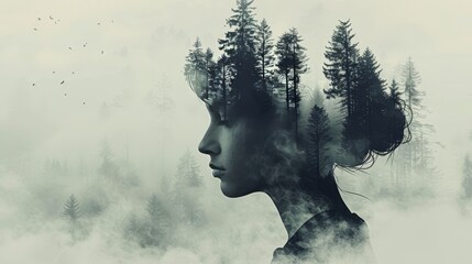 Surreal double exposure  woman s silhouette blended with enchanting forest landscape