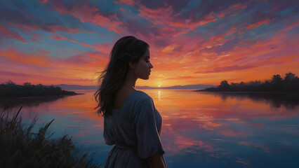 Dream-like quality of dusk, with a woman’s silhouette adding a touch of mystery of a color-soaked sky.
