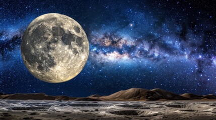 Detailed close up illustration of moon surface in galaxy space planet landscape view