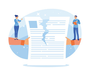 Two businessmen tore up and canceled a signed business contract. Contract agreement concept. Flat vector illustration.