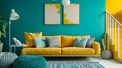 This captivating living room features a modern and vibrant color scheme: The walls are painted in a rich teal hue, creating a cozy and inviting atmosphere.