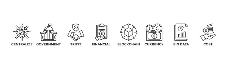 CBDC banner web icon vector illustration concept of central bank digital currency with icons of centralize, government, trust, financial, blockchain, currency, big data and cost