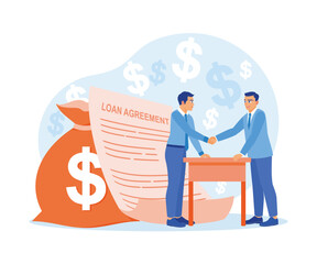 Businessman borrows money from banks. Shake hands after signing a loan agreement. Approved Loan concept. Flat vector illustration.