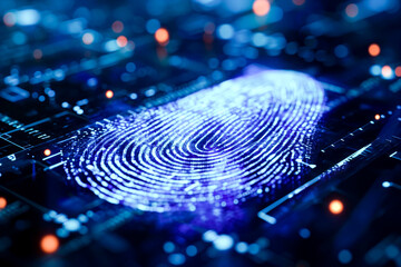  A glowing fingerprint pattern superimposed on a circuit board, symbolizing digital security and identity verification. - obrazy, fototapety, plakaty
