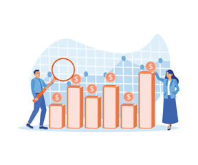 Businessman and assistant analyzing office finances. Looking for business investment opportunities. Investment concept. Flat vector illustration.