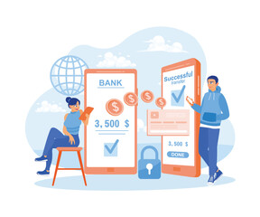  E-money vector illustration. A woman transferring money, digital account banking transactions, digital transaction security. Financial Transactions concept. Flat vector illustration.
