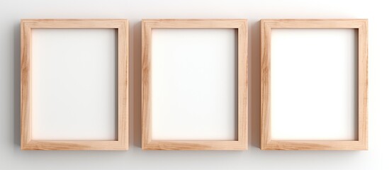 Three wooden rectangular frames with varying tints and shades hang symmetrically on a white wall, showcasing beautiful artwork behind glass