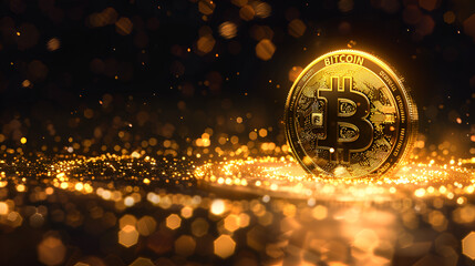 Golden coin with icon letter B. Mining or block chain, Bitcoin with glowing lights. Gold bitcoin symbol. Coins on black background. Generative Ai - obrazy, fototapety, plakaty