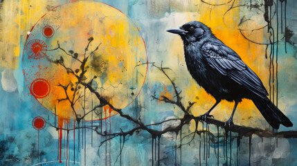 Gelli plate printing of a Crow on a branch