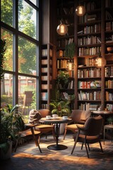 Fototapeta na wymiar The cozy cafe ambiance, books lining the shelves, and windows offering a view outside create a comforting atmosphere 📚✨☕