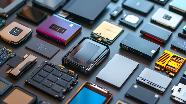 A photo of a variety of storage devices, such as hard drives, solid-state drives, and USB drives, with a sense of choice and variety.