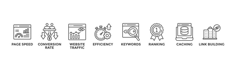 Website optimization banner web icon vector illustration concept with icon of page speed, conversion rate, website traffic, efficiency, keywords, ranking, caching, link building