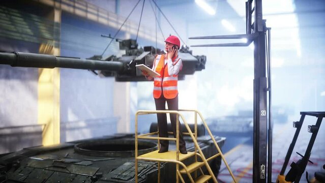 Production of military russian battle tank T 90 at the factory. Military factory weapon. Realistic 4k animation.