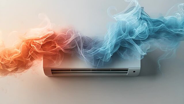 Heating and air conditioning system is operating, the louvers moving, vape smoke in blue and orange colors in motion. Air conditioner concept with hot and cold smoke