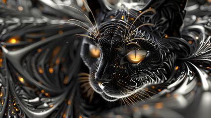 Black cat, orange eyes, hyperdetailed, intricate background design, 3d render, black and white, yellow highlights, metallic sheen, abstract patterns.