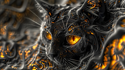 Black cat, orange eyes, hyperdetailed, intricate background design, 3d render, black and white, yellow highlights, metallic sheen, abstract patterns.