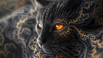 Black cat, orange eyes, hyperdetailed, intricate background design, 3d render, black and white, yellow highlights, metallic sheen, abstract patterns.