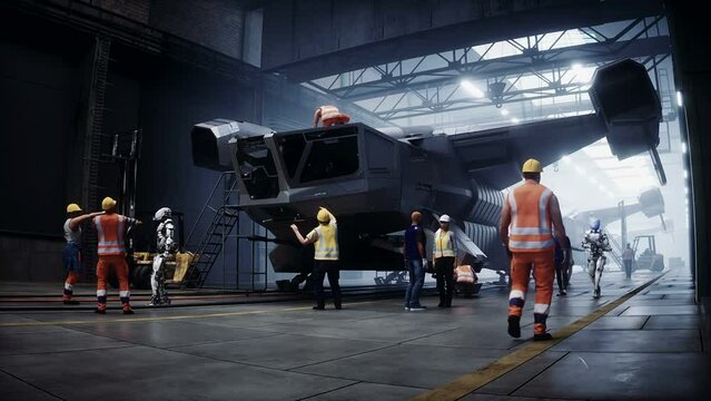 Production of military futuristic ship at the factory. Future concept. Realistic 4k animation.