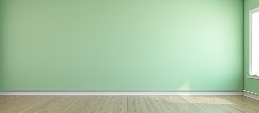 An empty room with hardwood flooring, plywood walls stained in shades of green, a rectangular window allowing natural light to filter in