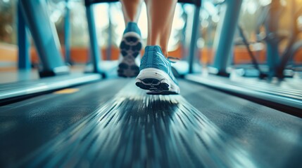 Close-up of running shoes on a treadmill.