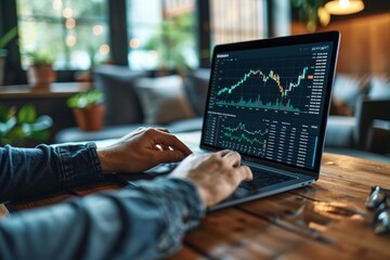 Investor businessman analyzes stock market on laptop, investment strategy, trading statistics - obrazy, fototapety, plakaty