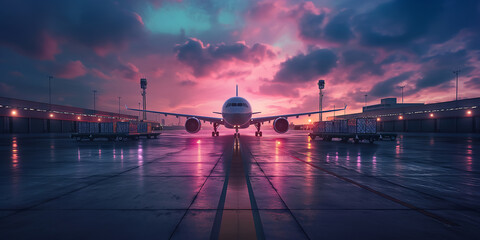 An airplane preparing for takeoff on the runway, carrying passengers, cargo handling and transportation - obrazy, fototapety, plakaty
