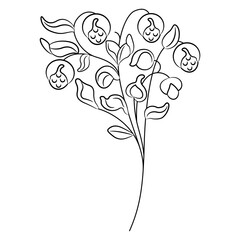 Blooming branch with leaves and fruits or flowers. Folk style. Black and white linear silhouette.