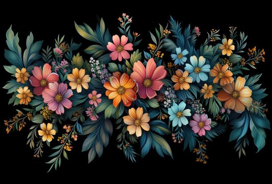 Intricate floral drawing on black, featuring dark cyan and brown hues in a lush, realistic palette A stunning blend of floralpunk and art 🌺🎨✨