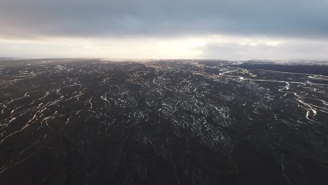 Aerial video of kirkjubaejarklaustur iceland. in winter