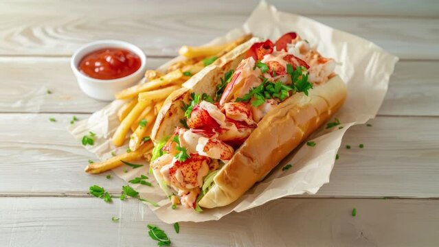 Delicious Lobster Roll and French Fries on a Wooden Table