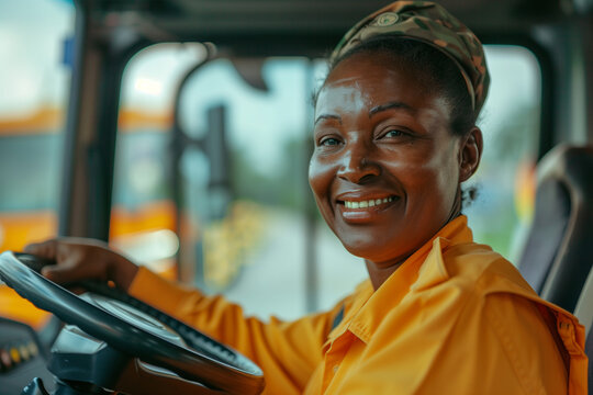 Bus driver, African-American working woman behind the wheel with a charming smile in a school bus with copy space