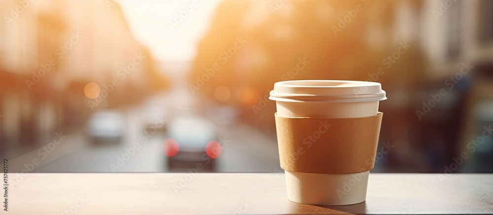 Sticker a cup of coffee is resting on a wooden table in front of a window, its liquid casting tints and shad