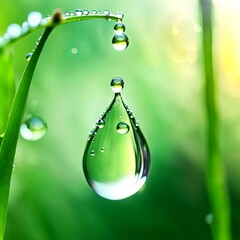 Several water droplets are suspended on what appears to be a blade of grass or a thin plant stem