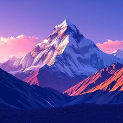 Serene painting capturing majesty of mountains, trees silhouetted against vibrant sunset. Wall art for home decor, especially in room with calming ambiance, travel brochures.