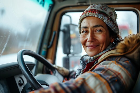 Truck driver, working woman in winter coat driving in the rain with copy space