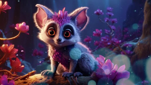 Cute Lemur in the Fantasy Magical Forest Seamless looping 4k time-lapse virtual video animation background. Generated AI
