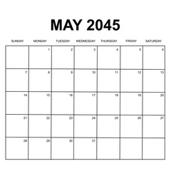 may 2045. monthly calendar design. week starts on sunday. printable, simple, and clean vector design isolated on white background.