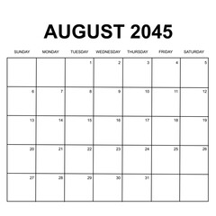 august 2045. monthly calendar design. week starts on sunday. printable, simple, and clean vector design isolated on white background.