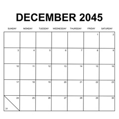 december 2045. monthly calendar design. week starts on sunday. printable, simple, and clean vector design isolated on white background.