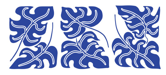 Adams Blue abstract Monstera leaves poster. Minimalist art prints inspired by Matisse, doodle-like design. Adam's ribs plants. Vector illustration isolated on transparent background. © Elvis