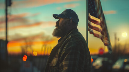 Patriotic Bearded American Man Wearing Camouflauge with American Flag - obrazy, fototapety, plakaty