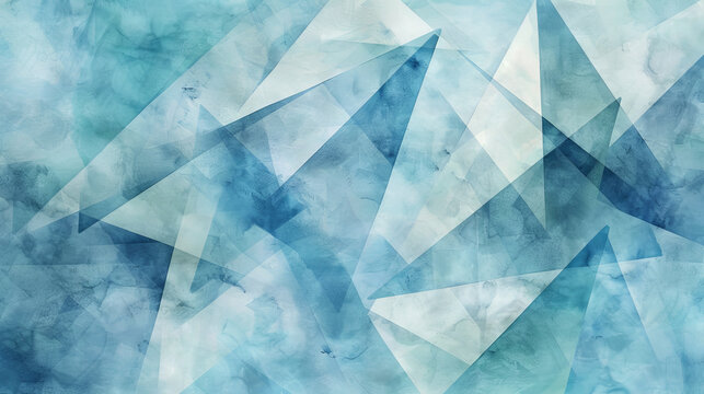 contemporary modern art design of an abstract watercolor illustration ice blue colored background with layered triangle and rectangle shapes 