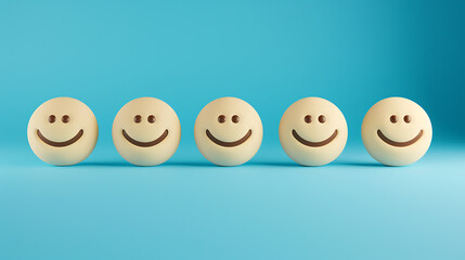 The image you’ve shared features a row of five beige, 3D smiley face emojis against a solid blue background. Each emoji has a big, friendly smile