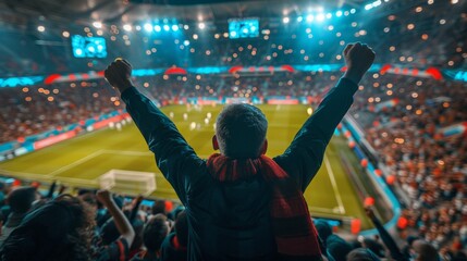 Football fan raising hands in exhilarating stadium ambiance.