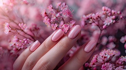 Female hand with pink nail design. Glitter pink nail polish manicure. Female hand with pink sweater.