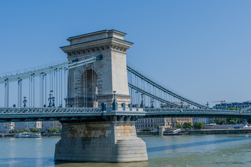 The Chain Bridge over the Danube River with clear skies in Budapest, Hungary