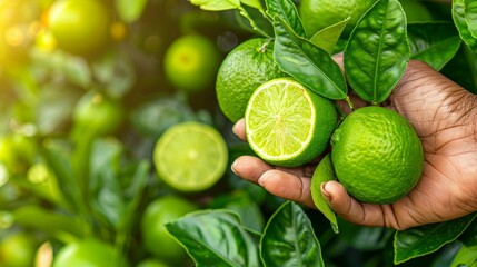 Fresh tangy lime held in hand with selection of limes on blurred background, copy space available