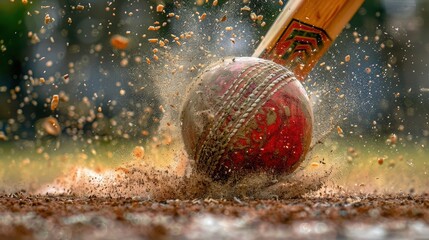 An artistic shot of a cricket ball hitting the stumps, with the bails flying off in a match. The image captures the decisive moment in crisp detail, emphasizing the energy and suddenness of the action - obrazy, fototapety, plakaty