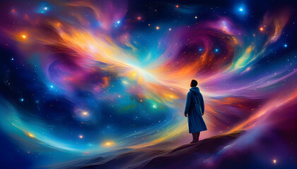 A digital painting of a holographic figure in a galaxy-inspired outfit with swirling nebulae and stars in the background.