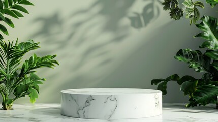Standing 3d Rendering White stone Podium With Natural Palm Leaves